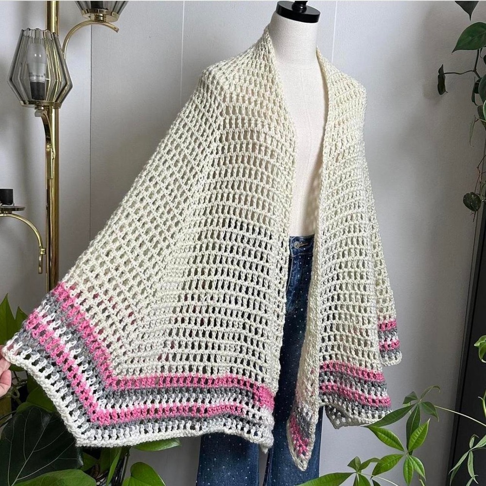 Handmade Hand Knitted Shawl Cream Pink Grey Open Knit Boho Wrap Poncho Free Size